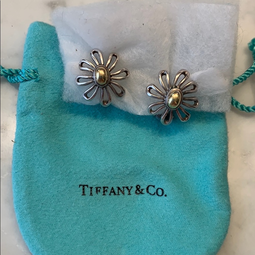 Tiffany & Co. Silver Daisy Earrings with Gold Centers on Tiffany Blue Pouch